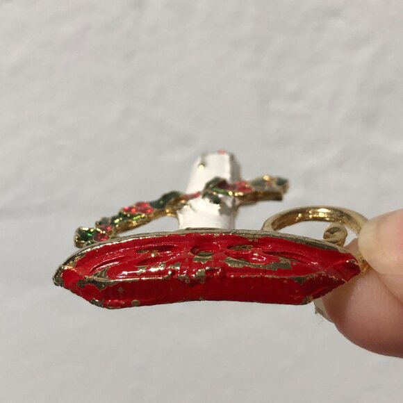 Vintage Christmas Candle Brooch Gold Tone Enamel 1.5" Pin Holly Berries - Picture 4 of 5